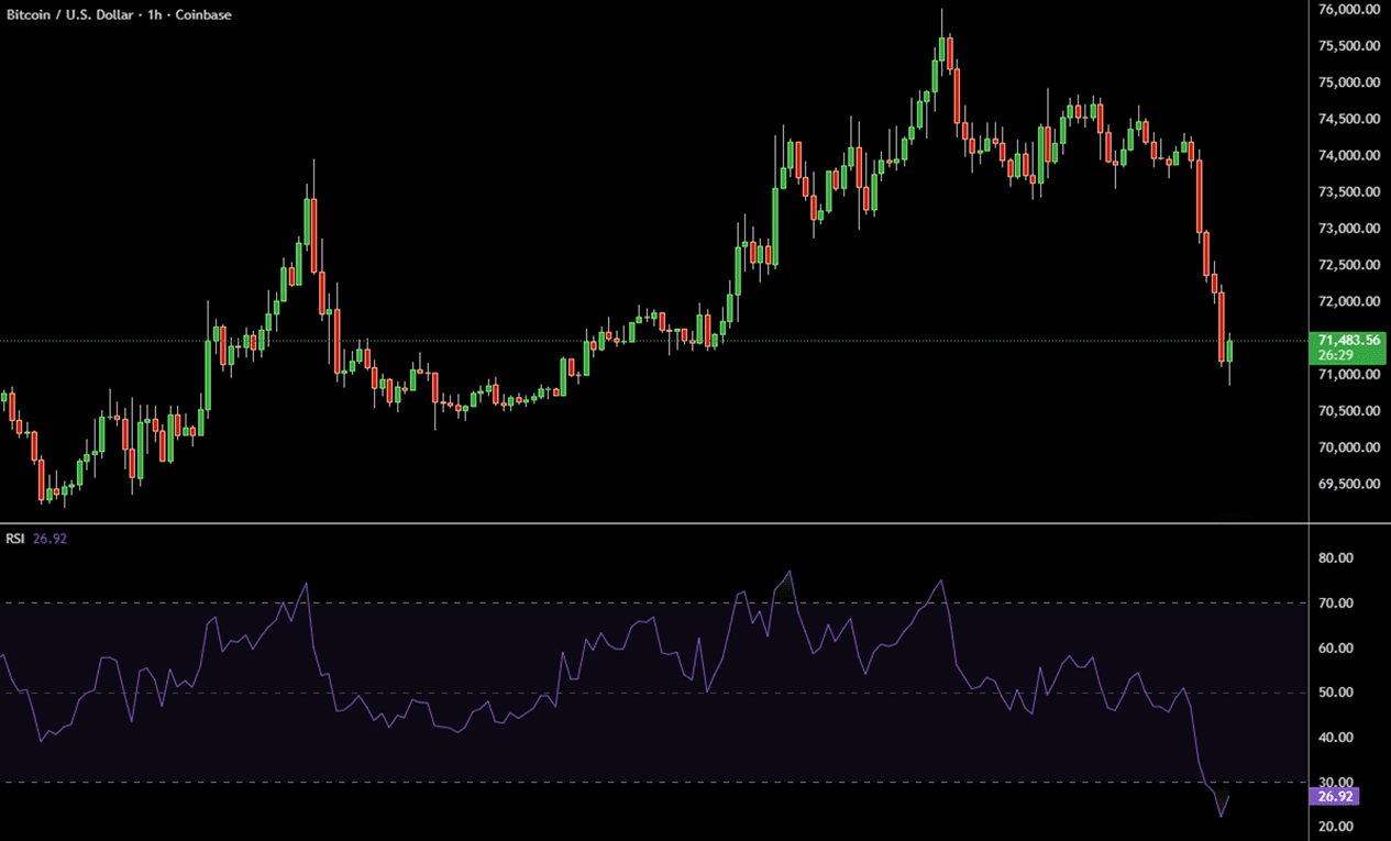 RSI indicator on Bitcoin chart showing momentum and oversold conditions.